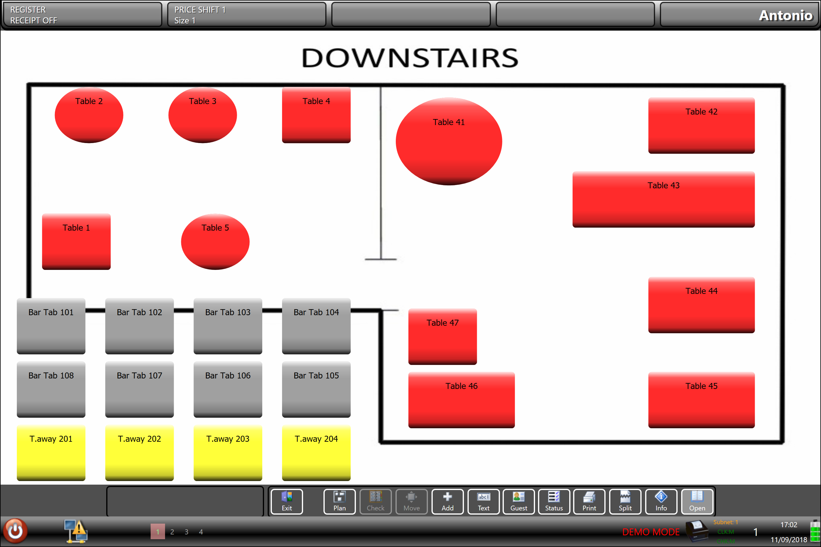 A till screen showing a graphical table plan of a restaurant floor