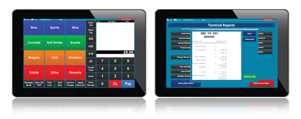 Two handheld tablets, one showing an order screen and one showing a terminal report