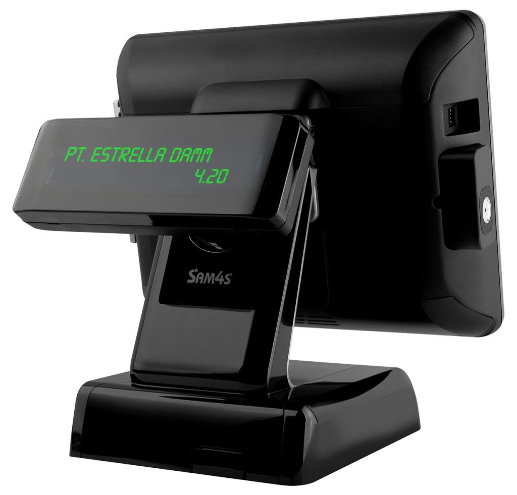 Sam4s terminal in black with a two-line rear customer display showing an item and price
