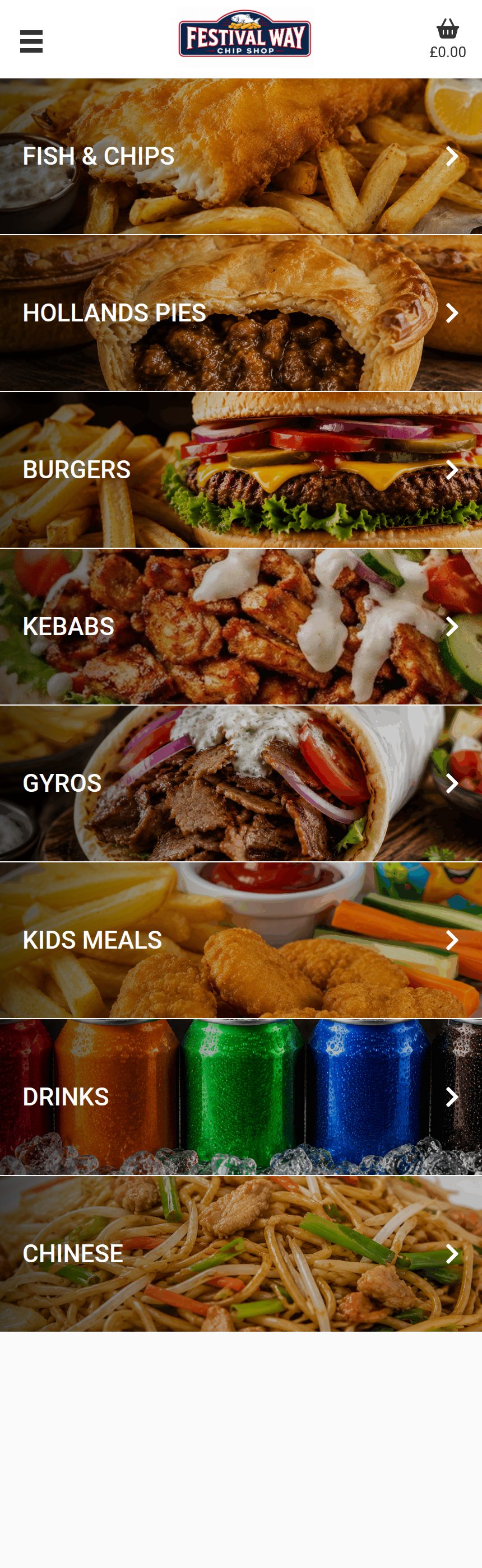 The Festival Way Chip Shop ordering site on a phone, showing the shop&rsquo;s own logo and basket above a column of photographic menu categories