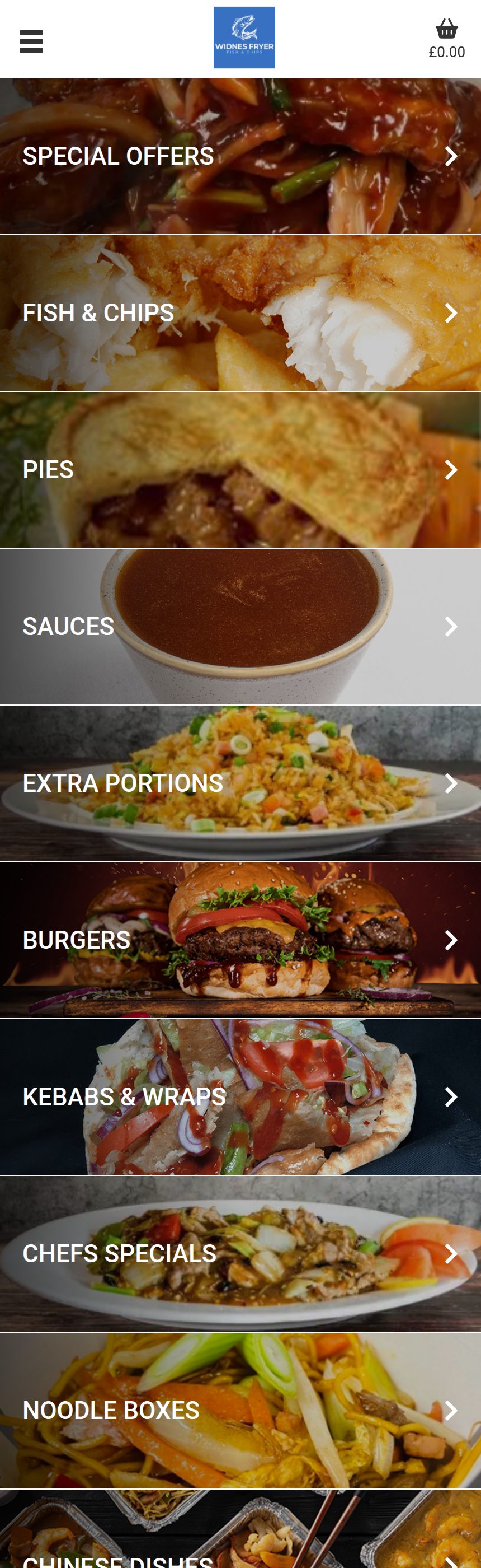 The Widnes Fryer ordering site on a phone, showing the shop&rsquo;s own logo and basket above a column of photographic menu categories